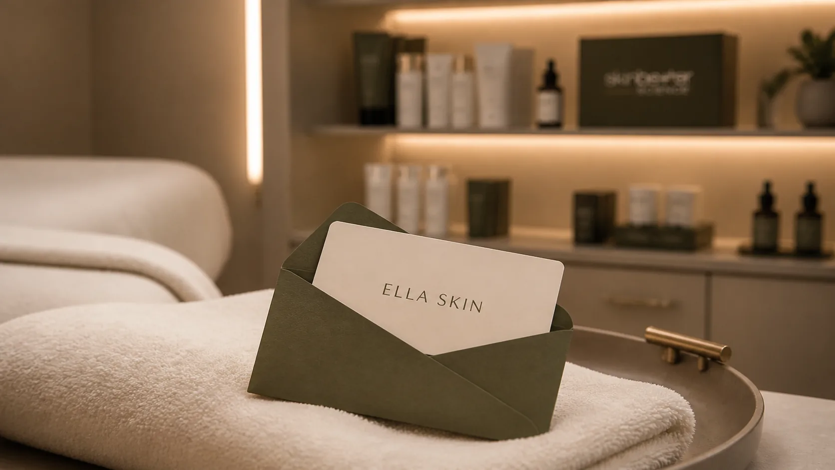 Ella Skin gift card and envelope in a warm skincare studio