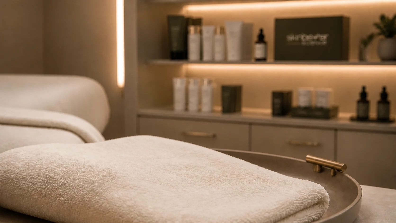 Warm Ella Skin treatment room with folded spa towels and illuminated skincare shelves