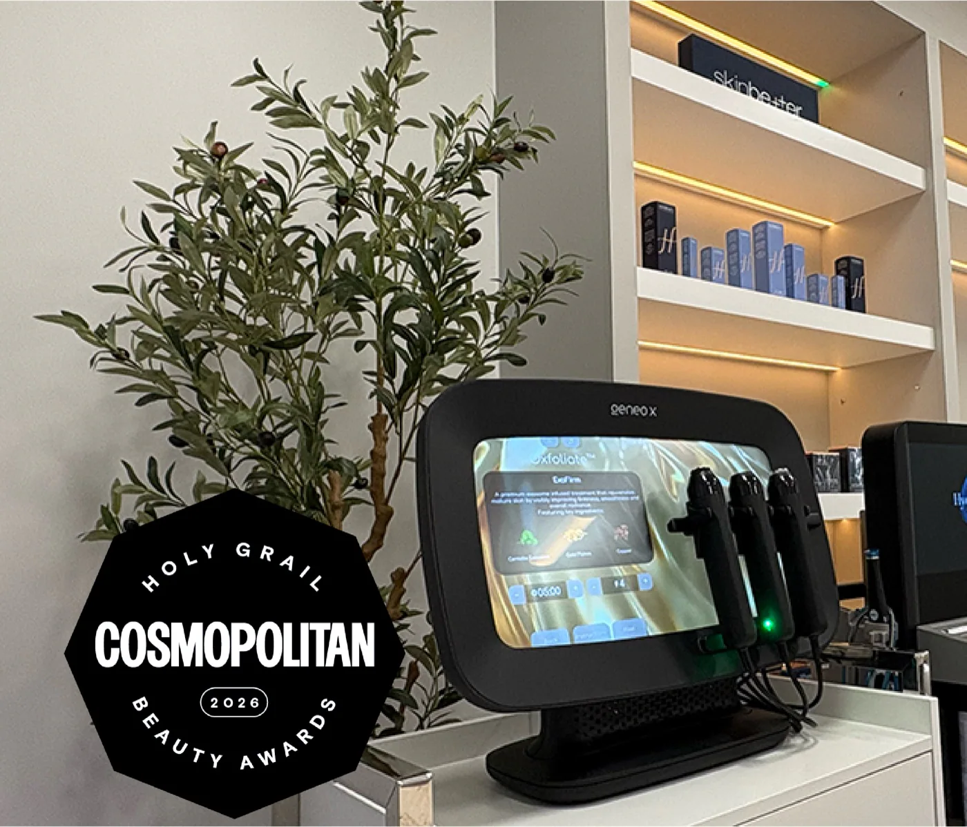 Glo2Facial Geneo machine at Ella Skin with Cosmopolitan Beauty Award badge