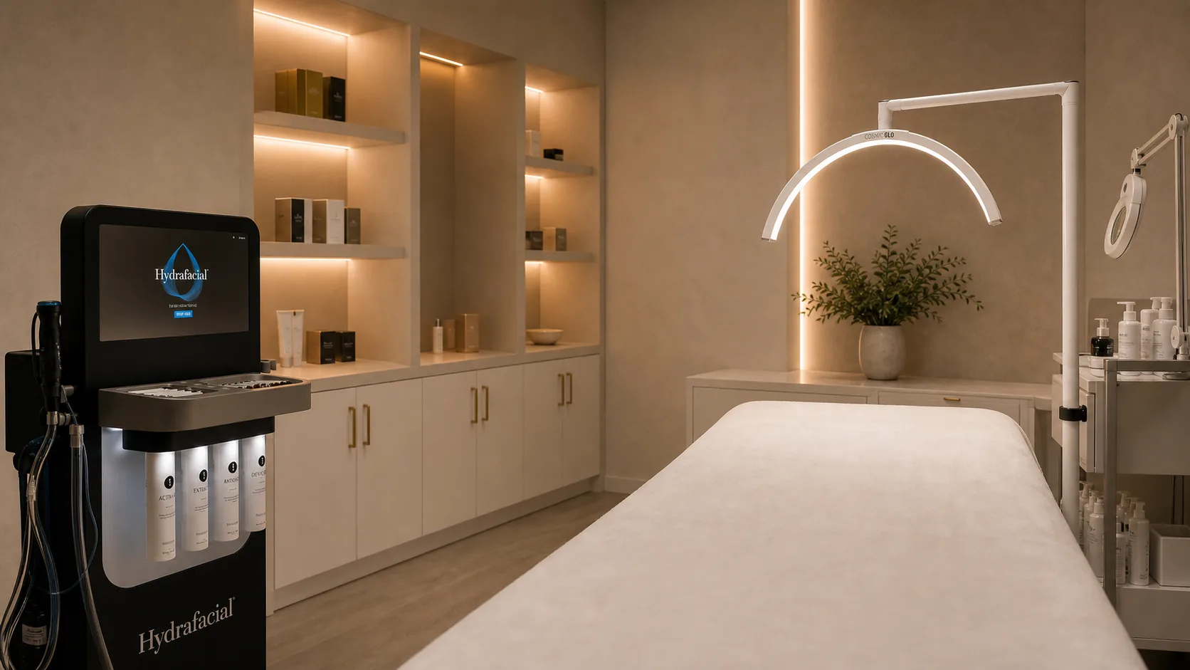 Ella Skin treatment room with advanced equipment, treatment bed, and built-in product shelves