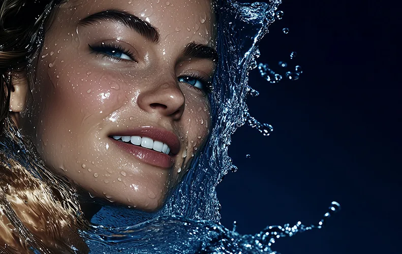 HydraFacial Signature treatment image with water and glowing hydrated skin