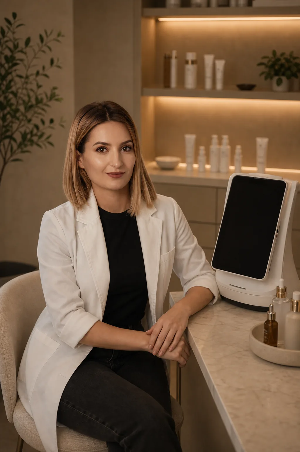 Ella Skin provider in a warm skincare consultation studio